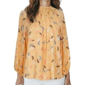 TUCKER Yellow Butterfly Pattern Button Front Elastic Neckline Blouse Size Small